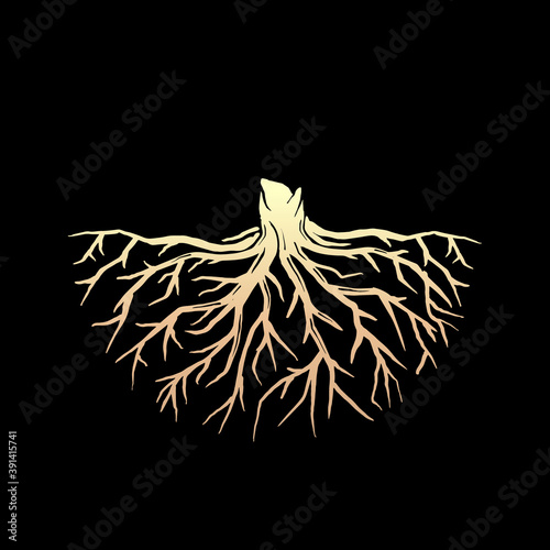 Root of the tree vector symbol. Beautiful illustration of isolated root with gold color