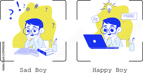 hap and sad child flat design illustration, boy with laptop, kid happy with online  study 