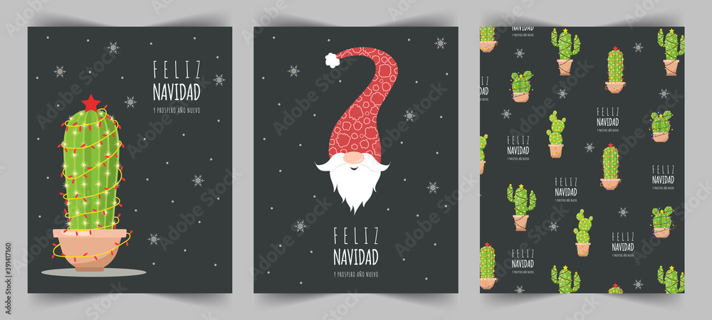 Feliz navidad cards with cute christmas elf and cactuses. Season greetings. Vector illustration in flat style. Nordic vintage postcard. New year design for poster, banner, flyer.