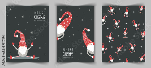 Christmas cards with cute nordic gnome in red hat. Season greeting. Merry christmas and happy New year. Vector illustration in cartoon style. Scandinavian vintage postcards. photo