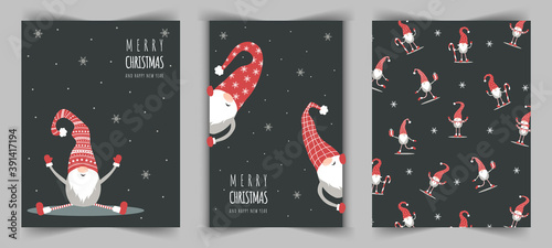 Christmas cards with cute nordic gnome in red hat. Season greeting. Merry christmas and happy New year. Vector illustration in cartoon style. Scandinavian vintage postcards.