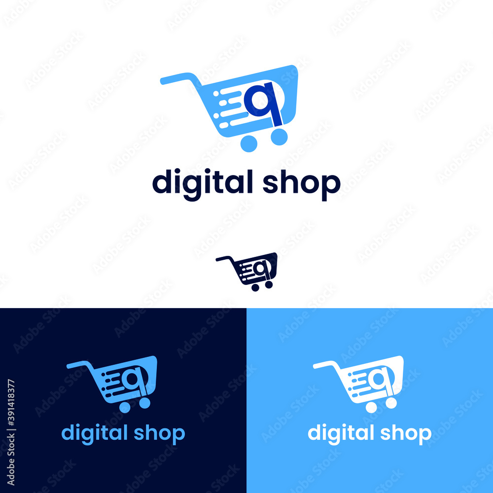 Shopping cart/trolley with initial q letter and delivery speed icon element for service delivery product online shop Shopping cart/trolley with initial q letter and delivery speed icon element for service delivery product online shop