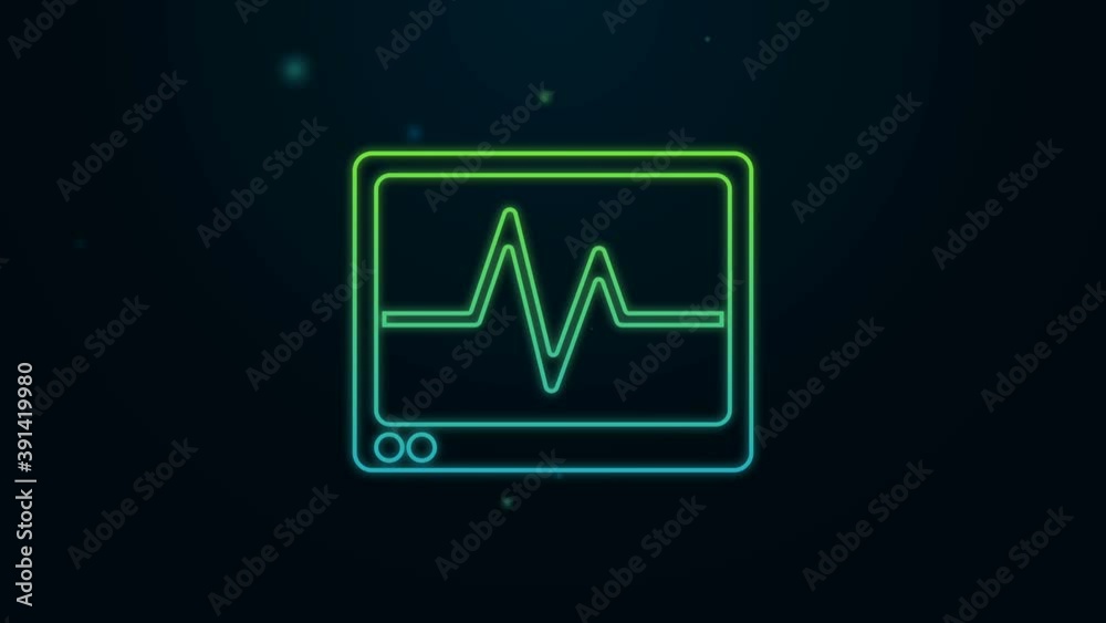 Glowing neon line Computer monitor with cardiogram icon isolated on black background. Monitoring icon. ECG monitor with heart beat hand drawn. 4K Video motion graphic animation Glowing neon line Computer monitor with cardiogram icon isolated on black background. Monitoring icon. ECG monitor with heart beat hand drawn. 4K Video motion graphic animation