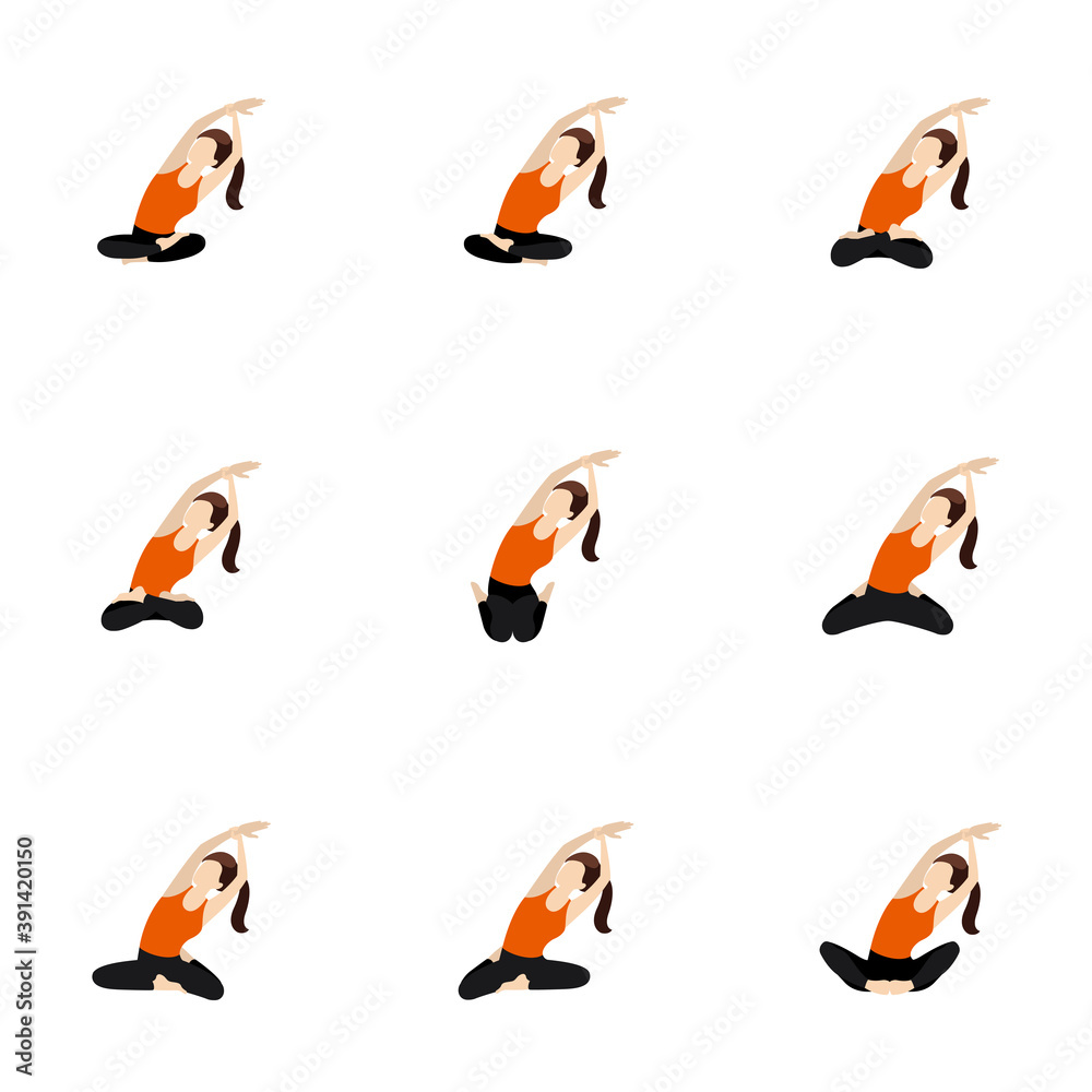 Seated side lean with an arm extension yoga asanas set /Illustration stylized woman practicing butterfly, lotus and other poses with side bend Seated side lean with an arm extension yoga asanas set /Illustration stylized woman practicing butterfly, lotus and other poses with side bend