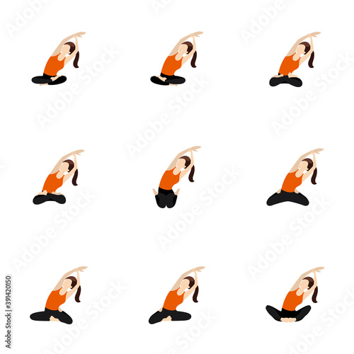 Seated side lean with an arm extension yoga asanas set  Illustration stylized woman practicing butterfly  lotus and other poses with side bend