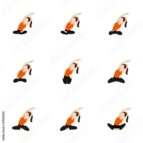 Seated side lean with an arm extension yoga asanas set /Illustration stylized woman practicing butterfly, lotus and other poses with side bend