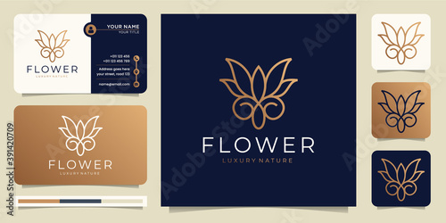Minimalist gold flower rose luxury beauty salon,line art, fashion, skin care, cosmetic, yoga and spa products. logo templates and business card design.Premium Vector