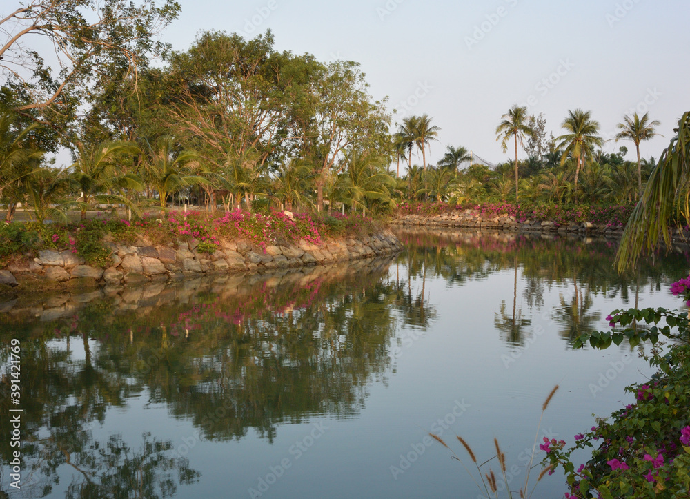 NView of the canal against the background of the mountains