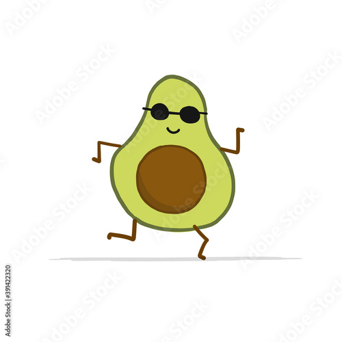 Funny Avocado Character is dancing. Isolated on white