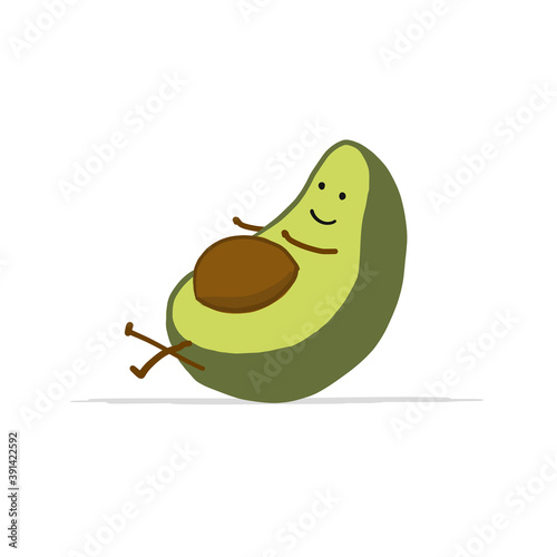 Funny Avocado cartoon character doing exercises. Isolated on white