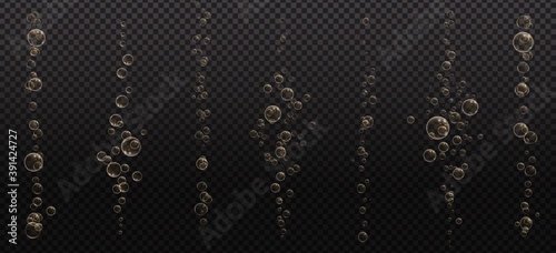 Gold fizzy bubbles. Sparkles champagne. Fizzy pop and effervescent drink. Abstract fresh soda and air bubbles, oxygen, champagne crystal. Vector illustration on black transparent background.