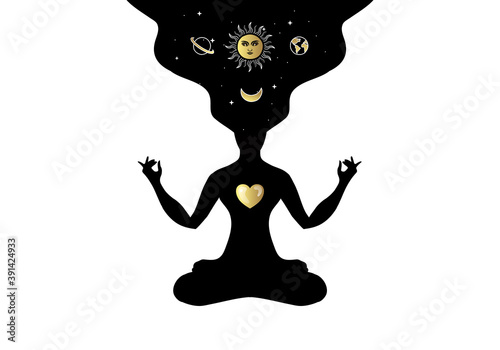 Body yoga in a lotus pose with a sacred geometry ornament,  starry sky, space or universe. For tarot reader, spiritual guidance, tatoo, t shirt, sticker 