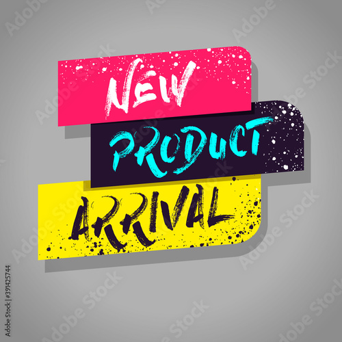 New product arrival stricker. Pink blue and yellow colors. Vector illustration new product.