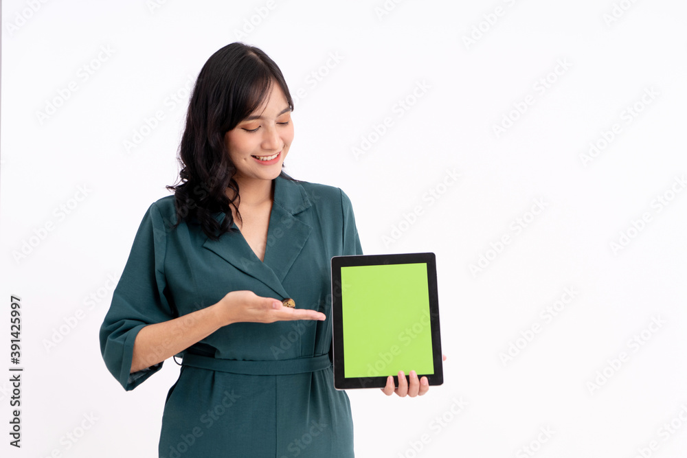 Happy business woman portrait. Showing copy space on the tablets Happy business woman portrait. Showing copy space on the tablets