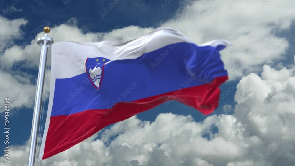 4k looping flag of Slovenia with flagpole waving in wind;timelapse rolling clouds background.A fully digital rendering.