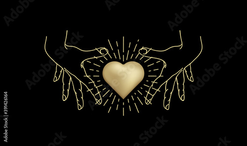 Golden Heart with hand, Shiny Magic golden heart logo, spiritual guidance tarot reader design. decorative illustration tattoo