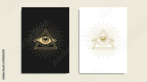 Impossible triangle with All seeing eye, symbol of the Masons, eye and  gold logo, spiritual guidance tarot reader design. engraving, decorative illustration tattoo