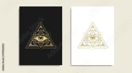 All seeing eye with sacred geometry, symbol of the Masons, eye and  gold logo, spiritual guidance tarot reader design. engraving, decorative illustration tattoo
