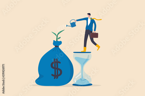 Saving and investment account, prosperity, growth earning from compound interest in long term investing concept, smart businessman investor standing on sandglass watering growing sprout from money bag