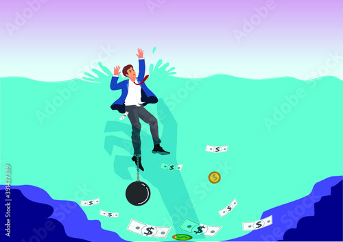 Businessman drowning in weight of debt. Business concept