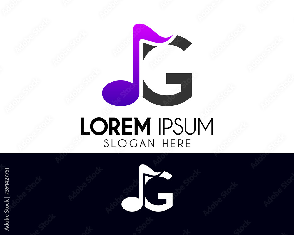 G letter logo design with a music note. Modern logo suitable for your business company or corporate identity G letter logo design with a music note. Modern logo suitable for your business company or corporate identity