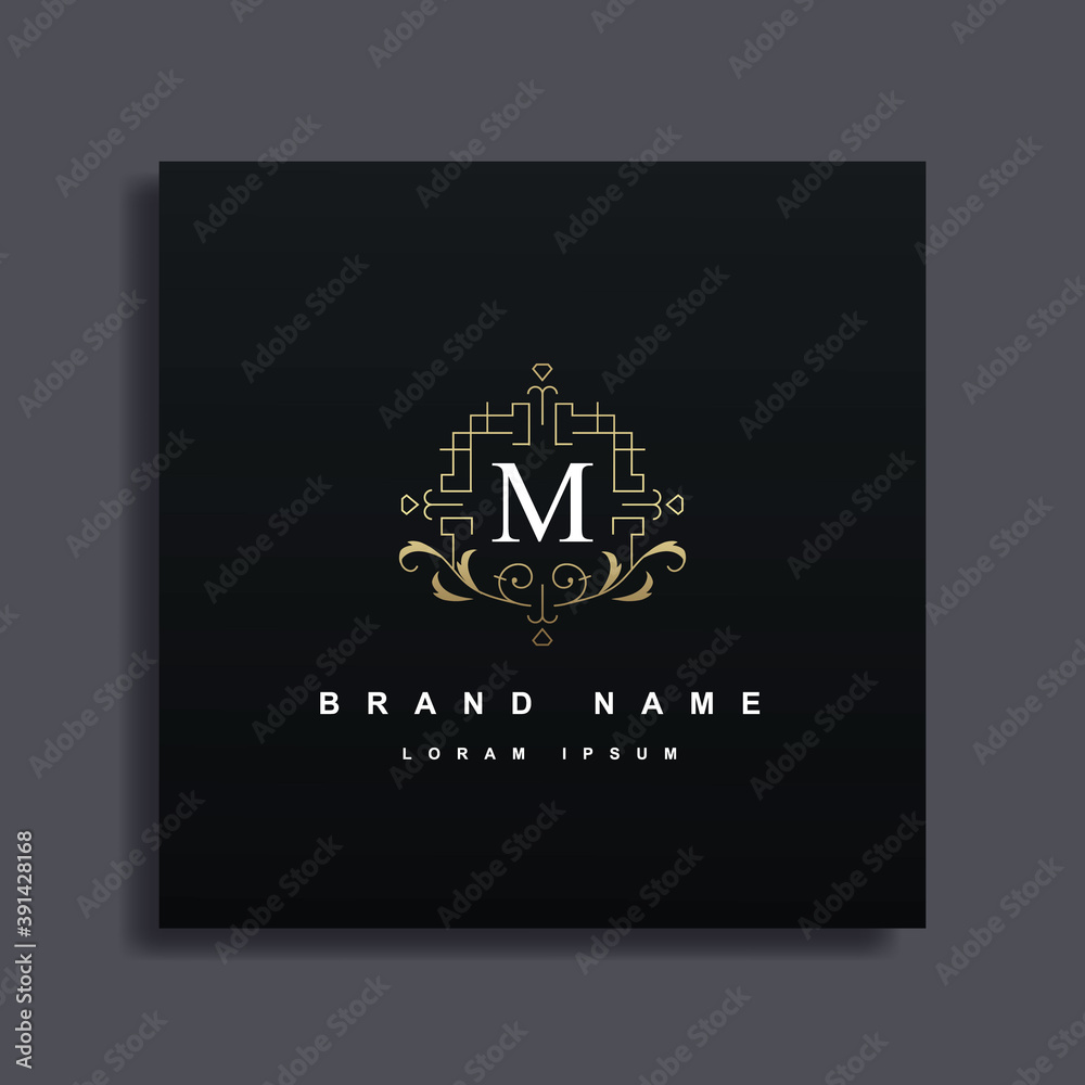 Luxury Logo Design with monogram letter M ,golden color, luxury flourish decorative style, vector illustration.