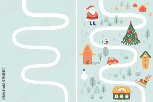 Kids Christmas map creator. Winter adventure map, forest, Santa, houses, snowman. Christmas travel. Vector kids map.
