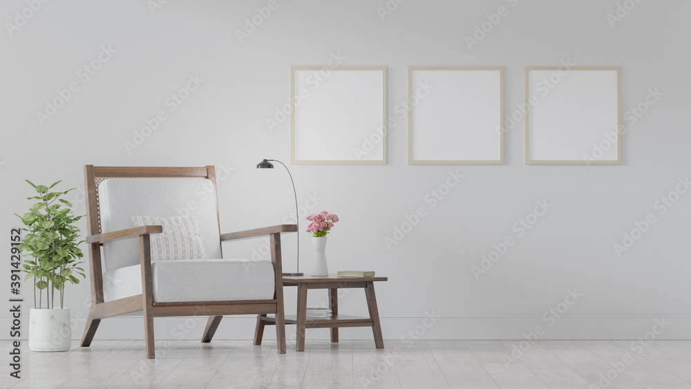 Square poster mockup with Three frames on empty white wall in living ...