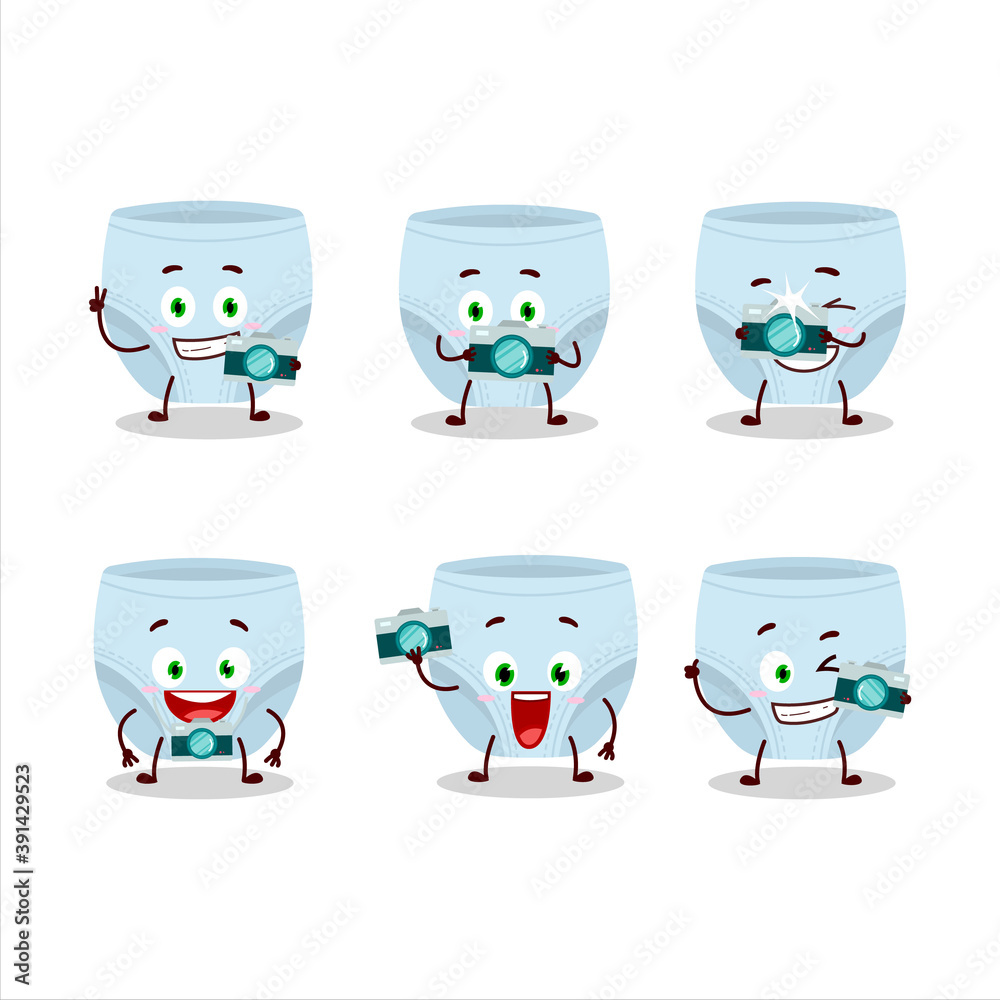 Photographer profession emoticon with blue baby diapers cartoon character Photographer profession emoticon with blue baby diapers cartoon character