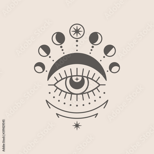 Mystical Eye and Moon Icon in a Trending Minimal Linear Style. Vector Isoteric Illustration for t-shirt Prints, Boho Posters, Covers, Logo Designs and Tattoos.