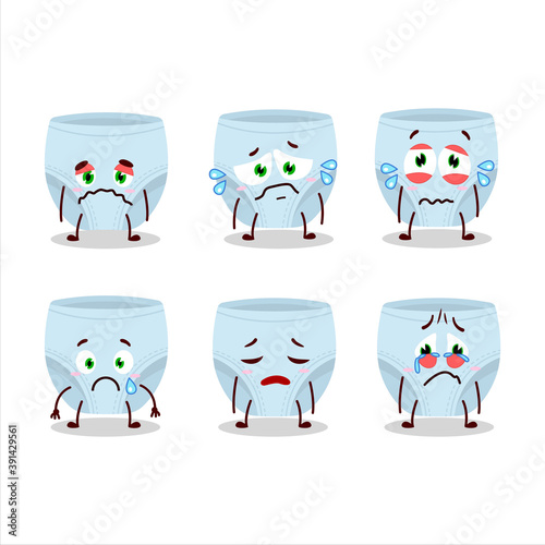Blue baby diapers cartoon character with sad expression