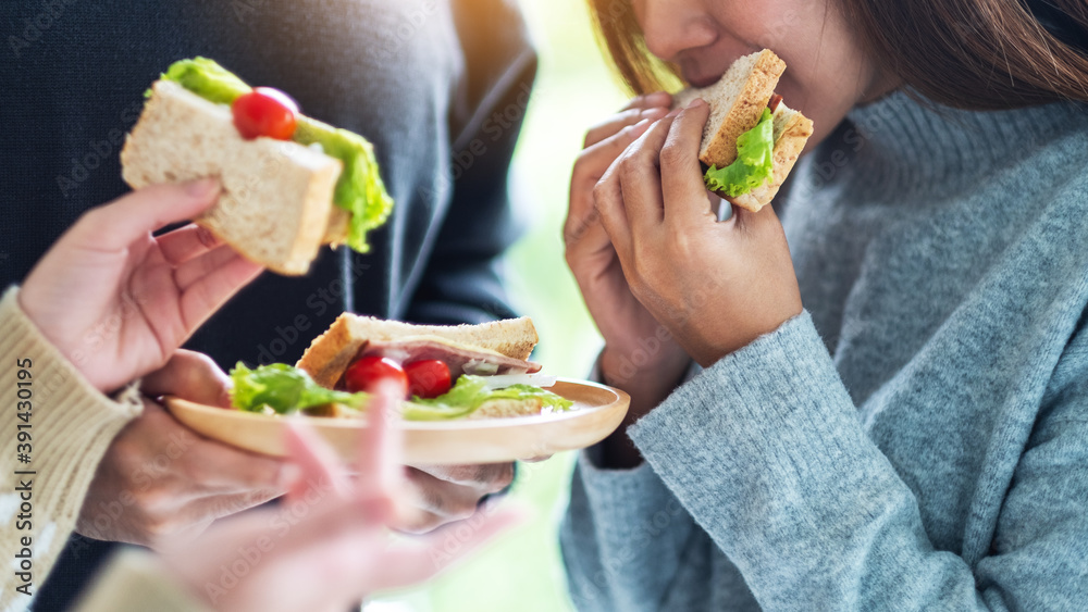 Group of young people holding and eating whole wheat sandwich in wooden plate together Group of young people holding and eating whole wheat sandwich in wooden plate together