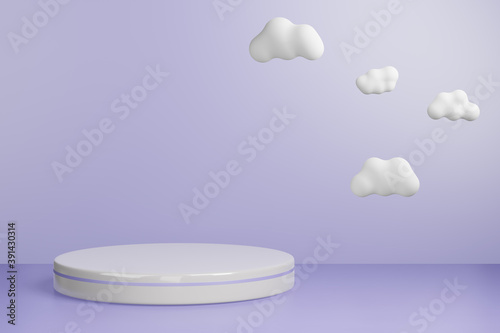 3d rendered studio mock up background for product presentation   with circle shapes  podium on the floor with cloud. minimal purple colors.