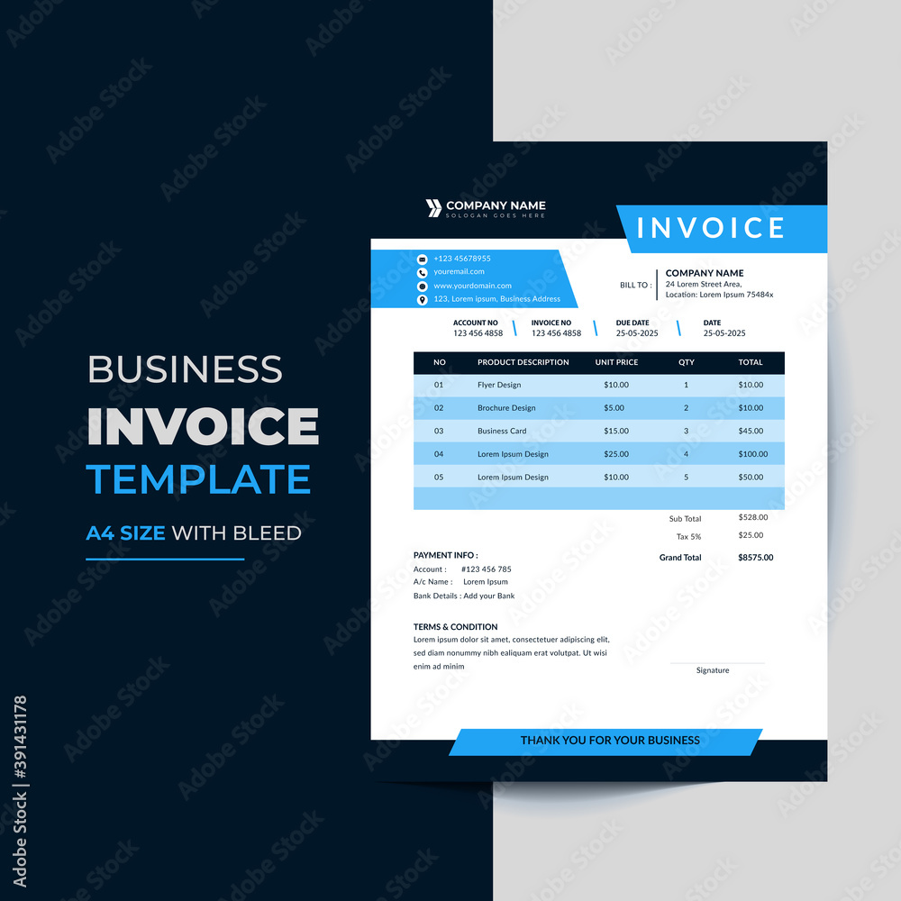 Blue color invoice template, minimal business invoice template Blue color invoice template, minimal business invoice template