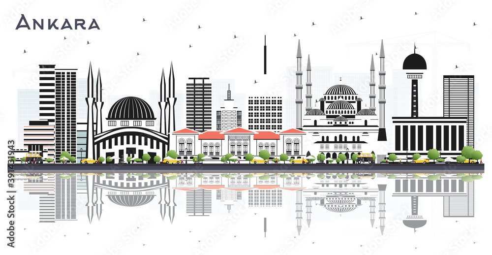 Ankara Turkey City Skyline with Color Buildings and Reflections Isolated on White.