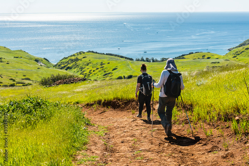Hikers on Smugglers Road on Santa Cruz Island, Channel Islands National Park, California