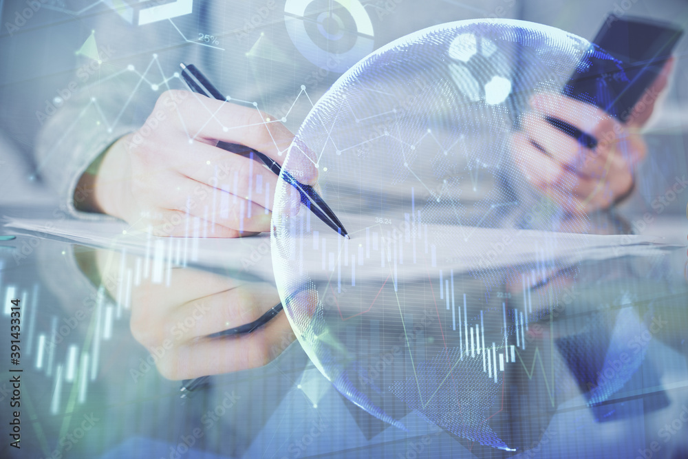 Double exposure of forex chart sketch hologram and woman holding and using a mobile device. Financial market concept. Double exposure of forex chart sketch hologram and woman holding and using a mobile device. Financial market concept.