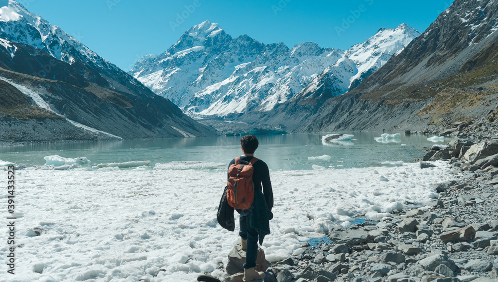 A man stand alone to Mt. cook peak, Tasman lake, in Newzealand A man stand alone to Mt. cook peak, Tasman lake, in Newzealand