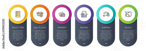 Concept of shopping process with 6 successive steps. Six colorful graphic elements. Timeline design for brochure, presentation, web site. Infographic design layout.