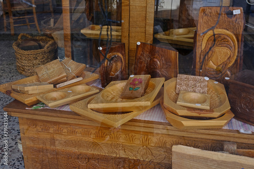 woodwork in traditional Greek style on a shop window