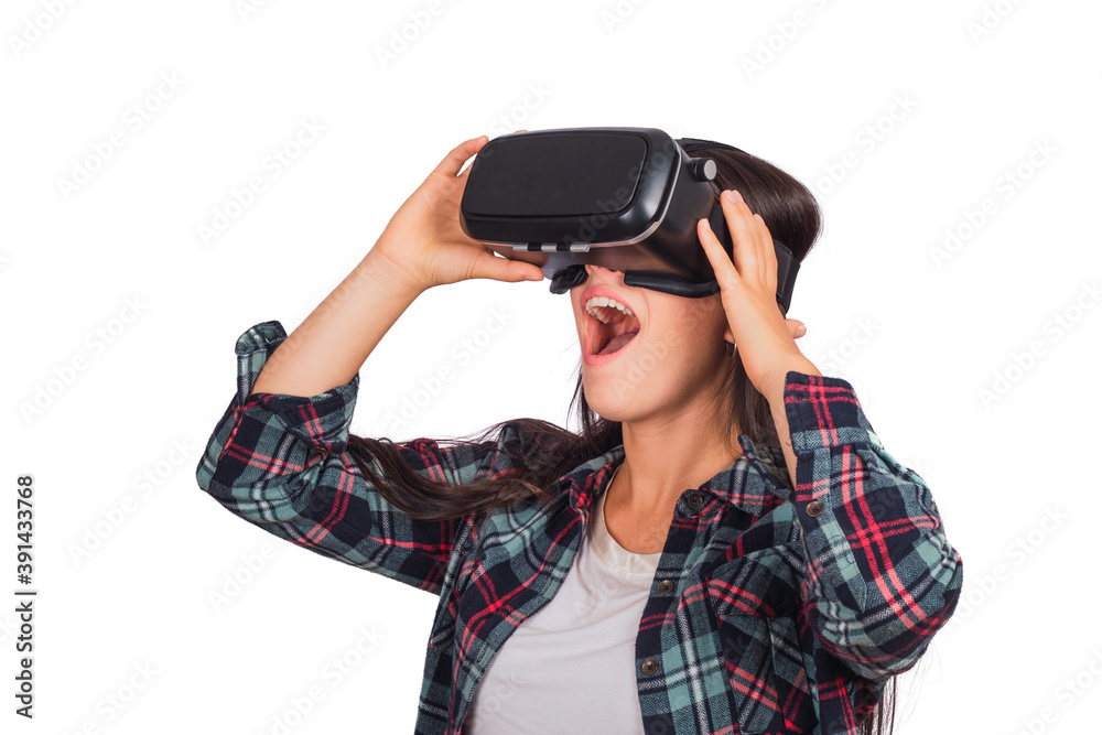 woman playing with VR-headset glasses. woman playing with VR-headset glasses.