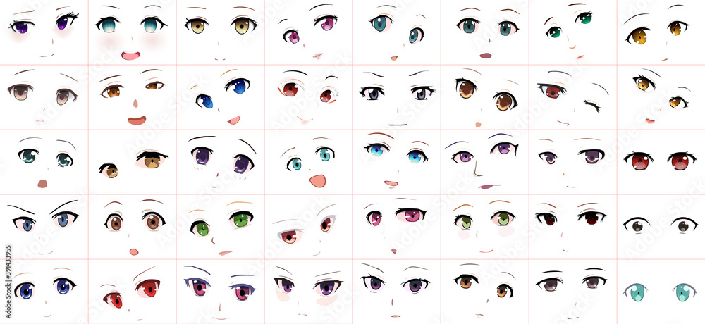 Set of Vector Cartoon Anime Style Expressions. Kawaii Cute Faces ...