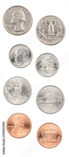American quarter, dime, nickle, penny isolated on white background