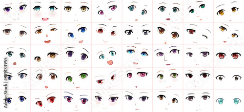 Set of Vector Cartoon Anime Style Expressions. Kawaii Cute Faces. Different Eyes, Mouth, Eyebrows. Joy. Anger. Calmness. Anime girl in japanese. Anime style, drawn vector illustration. Sketch. Big Set