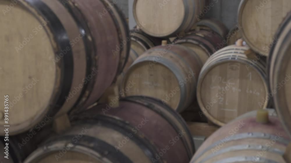 A winemaker is passing by behind wooden barrels full of red wine A winemaker is passing by behind wooden barrels full of red wine