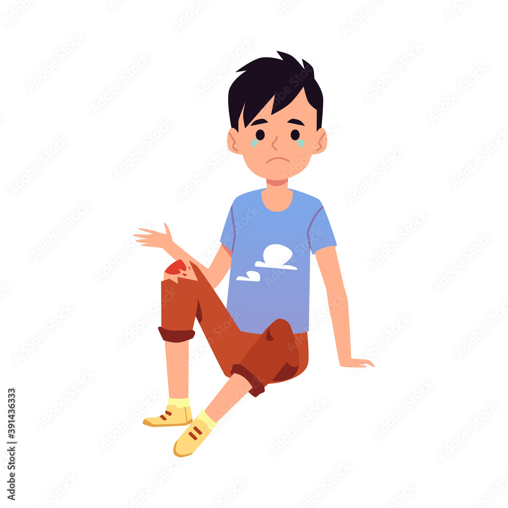 Child with wounded knee sitting on the floor, flat vector illustration isolated.