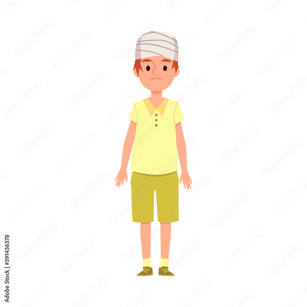 Little boy with bandaged head cartoon flat vector illustration isolated.