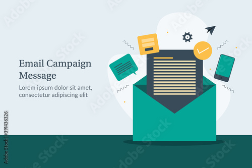 Email campaign message, email marketing strategy, newsletter offer, audience engagement, communication technology concept. Flat design vector banner with text.