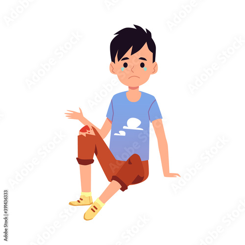 Child with wounded knee sitting on the floor, flat vector illustration isolated.