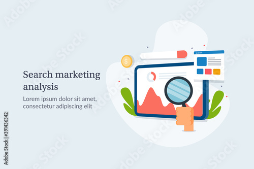 Big data visualization tablet screen, search marketing and seo data analysis, business strategy, creative design 3d style vector illustration.